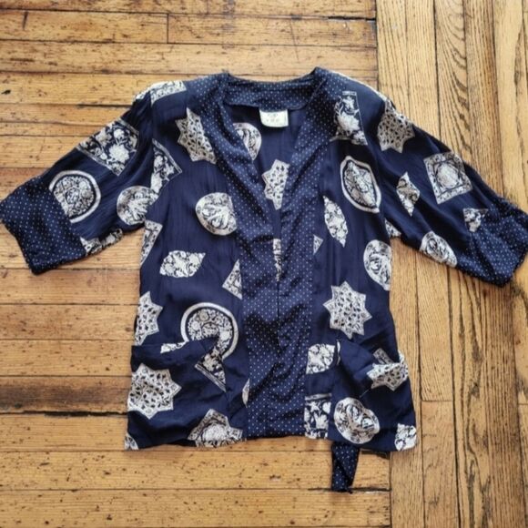 HMS by Jonathan Martin Vintage Contrast Trim Belted Navy Blue Kimono Size 8 - Picture 1 of 9